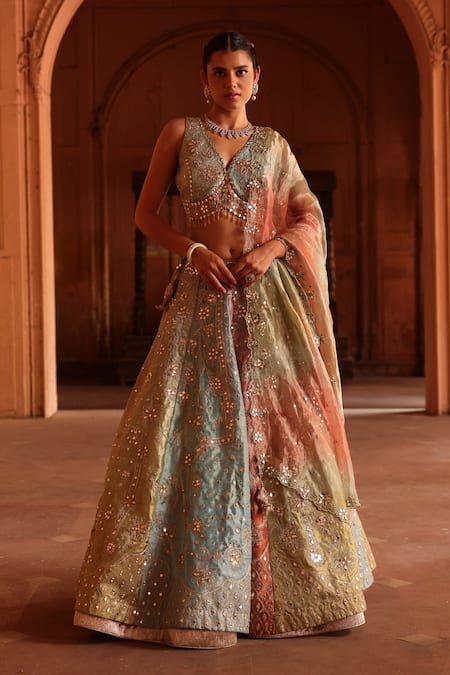 Shop_Label Moni K_Green Chanderi, Organza, Tissue Beads, Mirrors Gradient Layered Lehenga Set _Online_at_Aza_Fashions