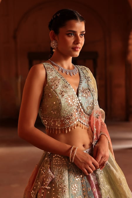 Label Moni K_Green Chanderi, Organza, Tissue Beads, Mirrors Gradient Layered Lehenga Set _at_Aza_Fashions