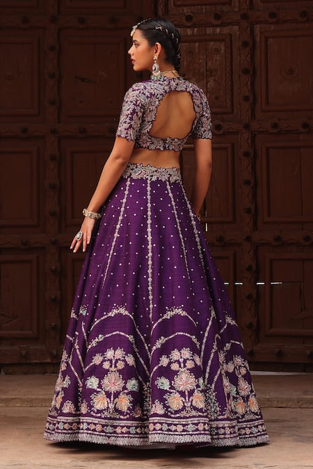 Shop_Label Moni K_Purple Silk, Tissue, Organza Pearls, Zardozi Floral Embroidered Lehenga Set _at_Aza_Fashions