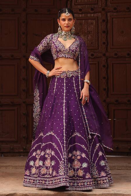Label Moni K_Purple Silk, Tissue, Organza Pearls, Zardozi Floral Embroidered Lehenga Set _Online_at_Aza_Fashions