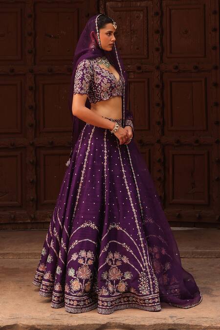 Buy_Label Moni K_Purple Silk, Tissue, Organza Pearls, Zardozi Floral Embroidered Lehenga Set _Online_at_Aza_Fashions