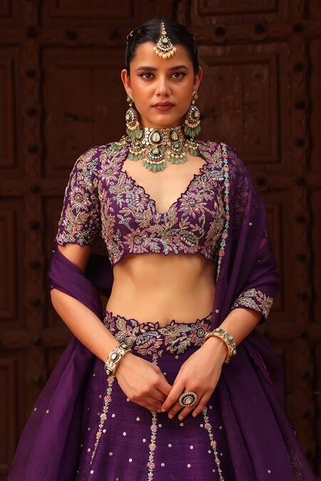 Shop_Label Moni K_Purple Silk, Tissue, Organza Pearls, Zardozi Floral Embroidered Lehenga Set _Online_at_Aza_Fashions