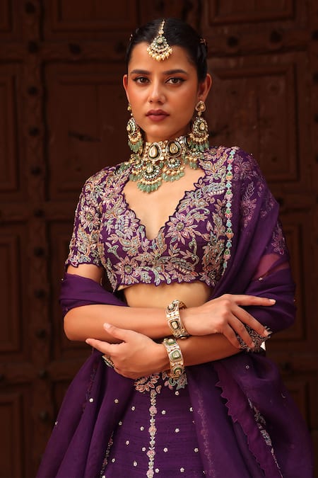 Label Moni K_Purple Silk, Tissue, Organza Pearls, Zardozi Floral Embroidered Lehenga Set _at_Aza_Fashions