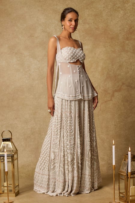 Masumi Mewawalla Gray Georgette, Linen Pearls, Sequins, Cut Work Embroidered Tunic And Sharara Set Online at Aza Fashions Masumi Mewawalla_Gray Georgette, Linen Pearls, Sequins, Cut Work Embroidered Tunic And Sharara Set _Online_at_Aza_Fashions