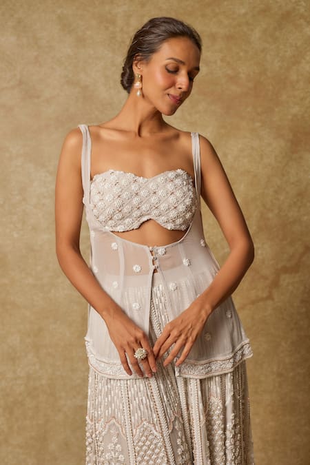 Buy Masumi Mewawalla Gray Georgette, Linen Pearls, Sequins, Cut Work Embroidered Tunic And Sharara Set Online at Aza Fashions Buy_Masumi Mewawalla_Gray Georgette, Linen Pearls, Sequins, Cut Work Embroidered Tunic And Sharara Set _Online_at_Aza_Fashions