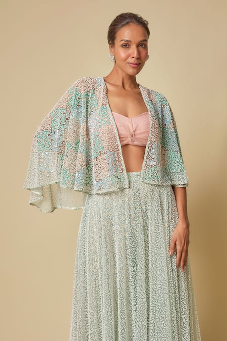 Masumi Mewawalla Peach Tulle, Linen Beads, Sequins Sweetheart Neck Embroidered Cape Gharara Set Online at Aza Fashions Masumi Mewawalla_Peach Tulle, Linen Beads, Sequins Sweetheart Neck Embroidered Cape Gharara Set _Online_at_Aza_Fashions