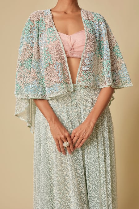 Buy Masumi Mewawalla Peach Tulle, Linen Beads, Sequins Sweetheart Neck Embroidered Cape Gharara Set Online at Aza Fashions Buy_Masumi Mewawalla_Peach Tulle, Linen Beads, Sequins Sweetheart Neck Embroidered Cape Gharara Set _Online_at_Aza_Fashions