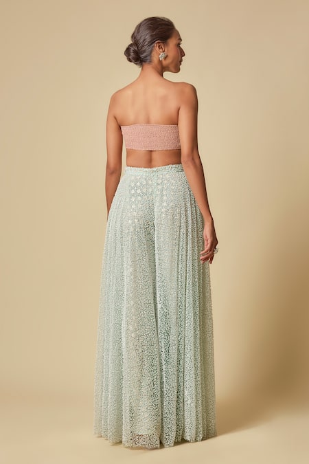 Shop Masumi Mewawalla Peach Tulle, Linen Beads, Sequins Sweetheart Neck Embroidered Cape Gharara Set Online at Aza Fashions Shop_Masumi Mewawalla_Peach Tulle, Linen Beads, Sequins Sweetheart Neck Embroidered Cape Gharara Set _Online_at_Aza_Fashions