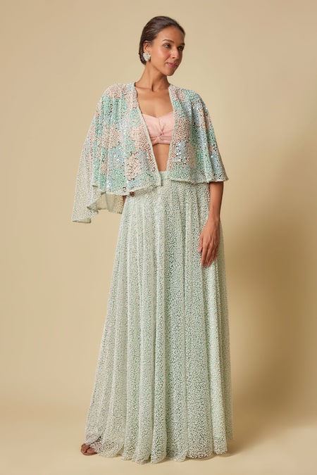 Masumi Mewawalla Peach Tulle, Linen Beads, Sequins Sweetheart Neck Embroidered Cape Gharara Set at Aza Fashions Masumi Mewawalla_Peach Tulle, Linen Beads, Sequins Sweetheart Neck Embroidered Cape Gharara Set _at_Aza_Fashions