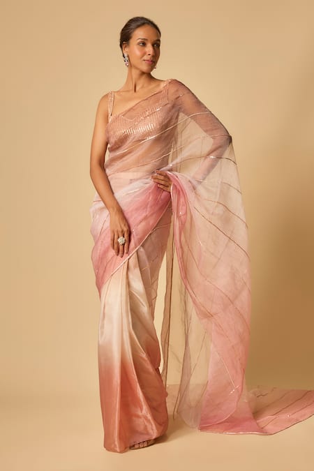 Buy_Masumi Mewawalla_Beige Organza, Maheshwari Sequins, Beads Ombre Embroidered Pre-draped Saree Set _Online_at_Aza_Fashions