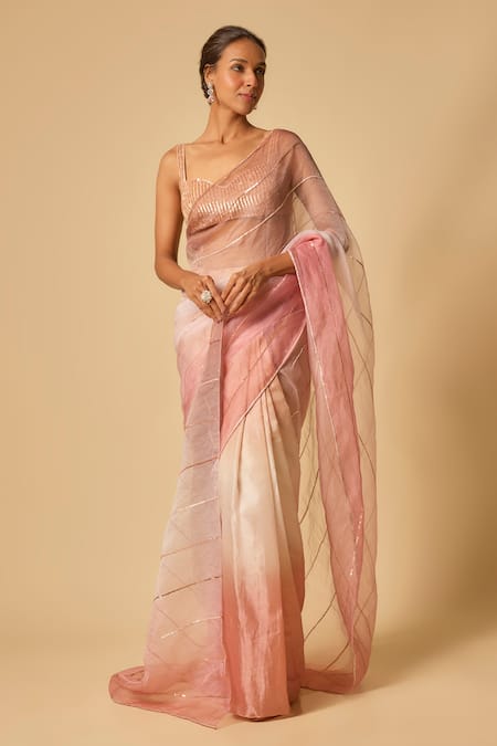 Shop_Masumi Mewawalla_Beige Organza, Maheshwari Sequins, Beads Ombre Embroidered Pre-draped Saree Set _Online_at_Aza_Fashions