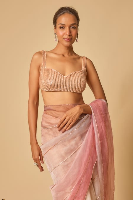 Buy_Masumi Mewawalla_Beige Organza, Maheshwari Sequins, Beads Ombre Embroidered Pre-draped Saree Set 