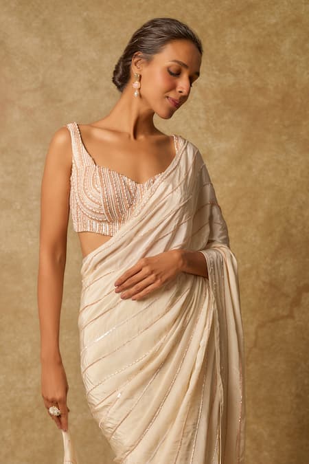 Masumi Mewawalla_Yellow Gingham, Crepe Sequins Sweetheart Neck Embroidered Pre-draped Saree Set _Online_at_Aza_Fashions