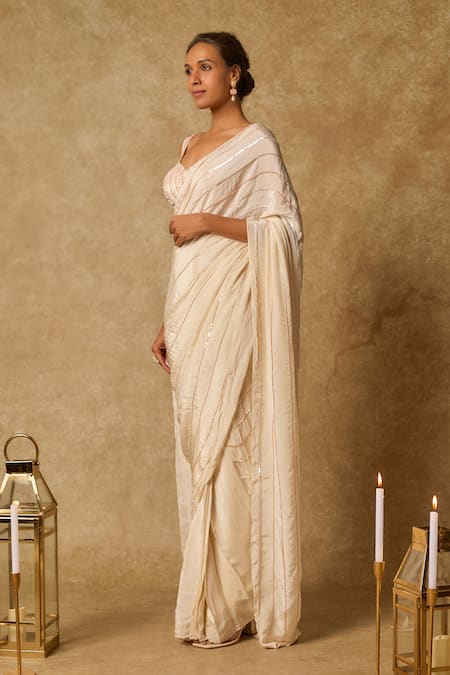 Shop_Masumi Mewawalla_Yellow Gingham, Crepe Sequins Sweetheart Neck Embroidered Pre-draped Saree Set _Online_at_Aza_Fashions