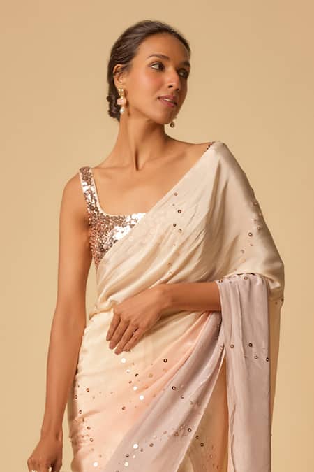 Masumi Mewawalla_Pink Crepe, Cotton, Silk Sequins Square Neck Ombre Pre-draped Saree Set _Online_at_Aza_Fashions