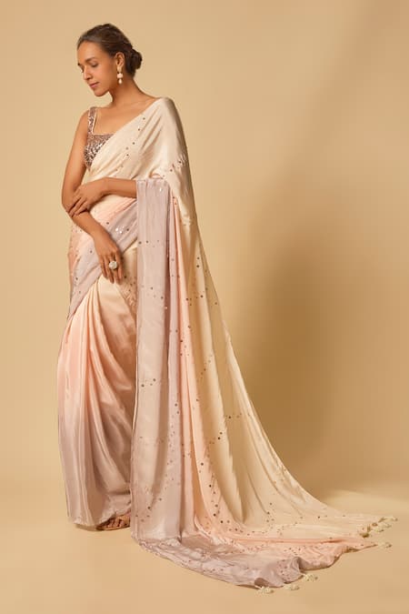 Buy_Masumi Mewawalla_Pink Crepe, Cotton, Silk Sequins Square Neck Ombre Pre-draped Saree Set _Online_at_Aza_Fashions