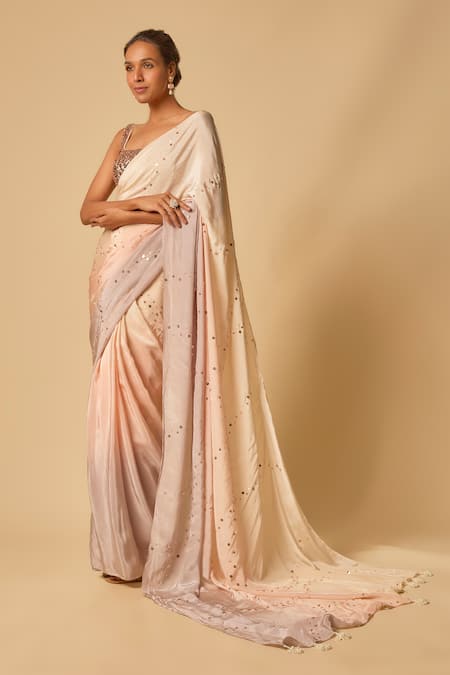 Shop_Masumi Mewawalla_Pink Crepe, Cotton, Silk Sequins Square Neck Ombre Pre-draped Saree Set _Online_at_Aza_Fashions