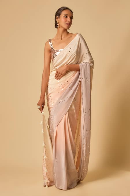 Masumi Mewawalla_Pink Crepe, Cotton, Silk Sequins Square Neck Ombre Pre-draped Saree Set _at_Aza_Fashions