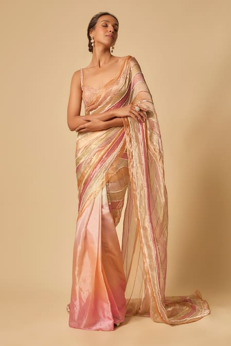 Masumi Mewawalla_Pink Tissue, Silk, Organza Beads, Sequins Ombre And Embroidered Saree Set _at_Aza_Fashions