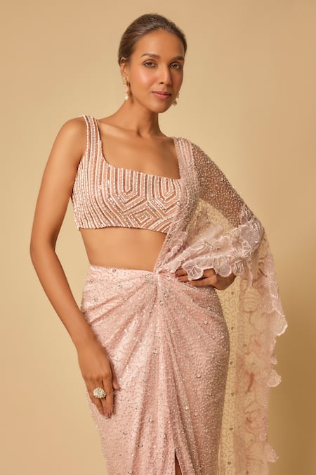 Masumi Mewawalla Pink Tulle, Linen, Silk Sequins, Beads Embroidered Pre-draped Saree And Blouse Online at Aza Fashions Masumi Mewawalla_Pink Tulle, Linen, Silk Sequins, Beads Embroidered Pre-draped Saree And Blouse _Online_at_Aza_Fashions