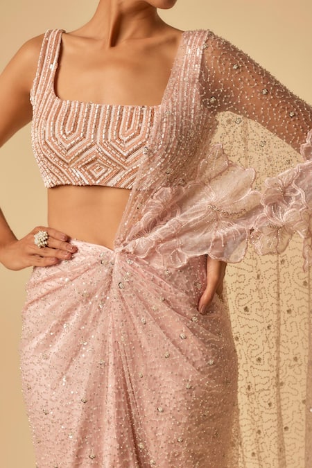 Buy Masumi Mewawalla Pink Tulle, Linen, Silk Sequins, Beads Embroidered Pre-draped Saree And Blouse Online at Aza Fashions Buy_Masumi Mewawalla_Pink Tulle, Linen, Silk Sequins, Beads Embroidered Pre-draped Saree And Blouse _Online_at_Aza_Fashions