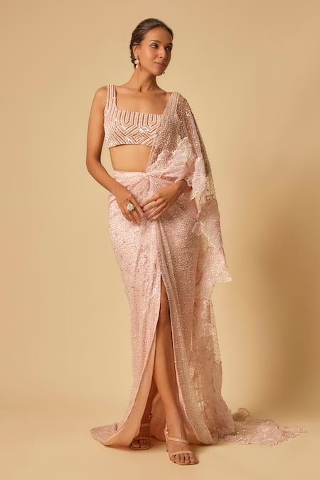 Masumi Mewawalla Pink Tulle, Linen, Silk Sequins, Beads Embroidered Pre-draped Saree And Blouse at Aza Fashions Masumi Mewawalla_Pink Tulle, Linen, Silk Sequins, Beads Embroidered Pre-draped Saree And Blouse _at_Aza_Fashions