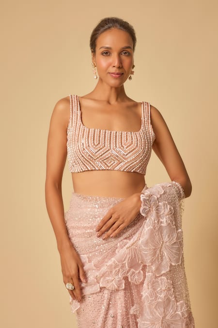 Buy Masumi Mewawalla Pink Tulle, Linen, Silk Sequins, Beads Embroidered Pre-draped Saree And Blouse Buy_Masumi Mewawalla_Pink Tulle, Linen, Silk Sequins, Beads Embroidered Pre-draped Saree And Blouse