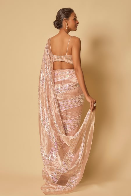 Masumi Mewawalla Pink Sequin Embroidered Pre-Draped Saree Set 
