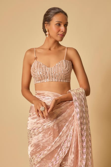Masumi Mewawalla Pink Tulle, Tissue, Silk Sequins, Beads Embroidered Pre-draped Saree Set Online at Aza Fashions Masumi Mewawalla_Pink Tulle, Tissue, Silk Sequins, Beads Embroidered Pre-draped Saree Set _Online_at_Aza_Fashions