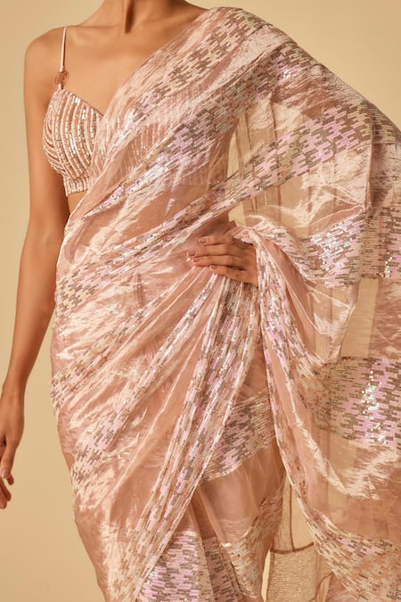 Shop Masumi Mewawalla Pink Tulle, Tissue, Silk Sequins, Beads Embroidered Pre-draped Saree Set Online at Aza Fashions Shop_Masumi Mewawalla_Pink Tulle, Tissue, Silk Sequins, Beads Embroidered Pre-draped Saree Set _Online_at_Aza_Fashions