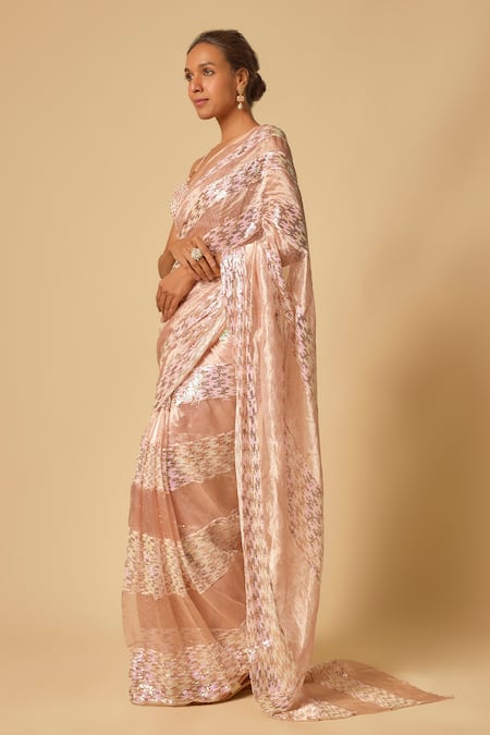 Masumi Mewawalla Pink Tulle, Tissue, Silk Sequins, Beads Embroidered Pre-draped Saree Set at Aza Fashions Masumi Mewawalla_Pink Tulle, Tissue, Silk Sequins, Beads Embroidered Pre-draped Saree Set _at_Aza_Fashions