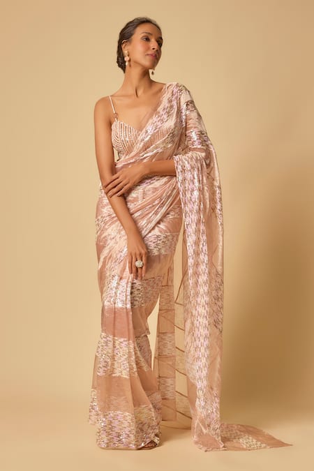Buy Masumi Mewawalla Pink Tulle, Tissue, Silk Sequins, Beads Embroidered Pre-draped Saree Set Buy_Masumi Mewawalla_Pink Tulle, Tissue, Silk Sequins, Beads Embroidered Pre-draped Saree Set
