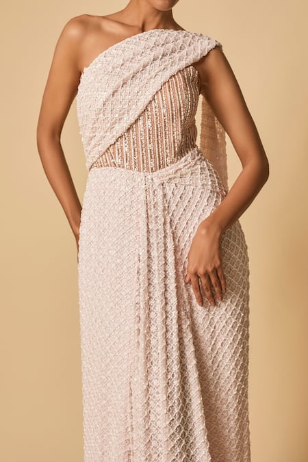 Masumi Mewawalla_Pink Georgette, Linen Sequins Asymmetric Corset Embroidered Saree Gown _Online_at_Aza_Fashions
