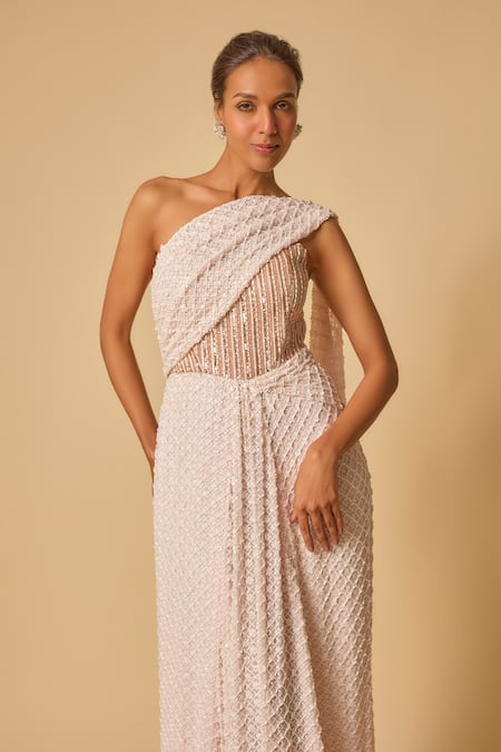 Buy_Masumi Mewawalla_Pink Georgette, Linen Sequins Asymmetric Corset Embroidered Saree Gown _Online_at_Aza_Fashions