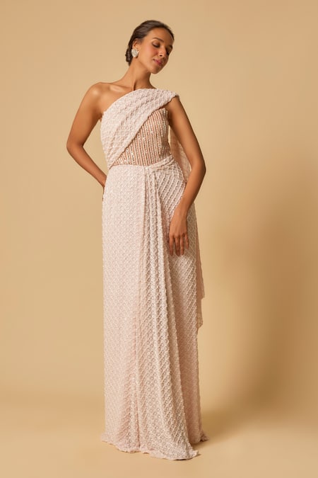 Shop_Masumi Mewawalla_Pink Georgette, Linen Sequins Asymmetric Corset Embroidered Saree Gown _Online_at_Aza_Fashions