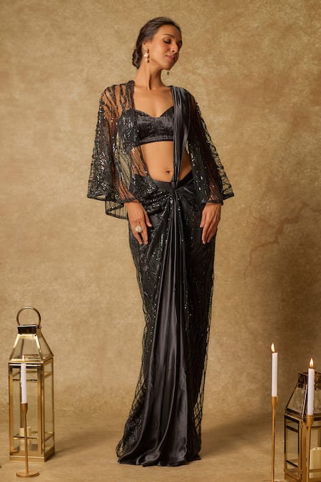 Masumi Mewawalla_Black Gingham, Tulle, Gabardine Sequins, Beads Embroidered Pre-draped Saree Set _Online_at_Aza_Fashions