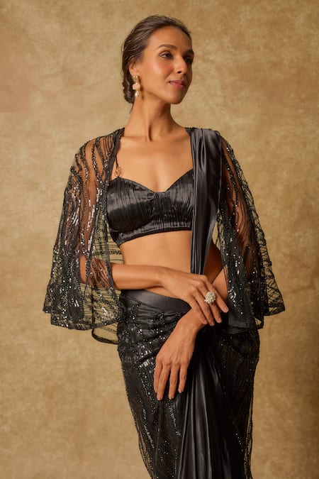 Buy_Masumi Mewawalla_Black Gingham, Tulle, Gabardine Sequins, Beads Embroidered Pre-draped Saree Set _Online_at_Aza_Fashions