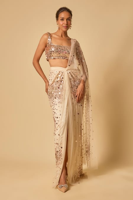 Masumi Mewawalla Beige Tulle, Silk, Linen Sequins, Beads Square Neck Floral Pre-draped Saree Set Online at Aza Fashions Masumi Mewawalla_Beige Tulle, Silk, Linen Sequins, Beads Square Neck Floral Pre-draped Saree Set _Online_at_Aza_Fashions