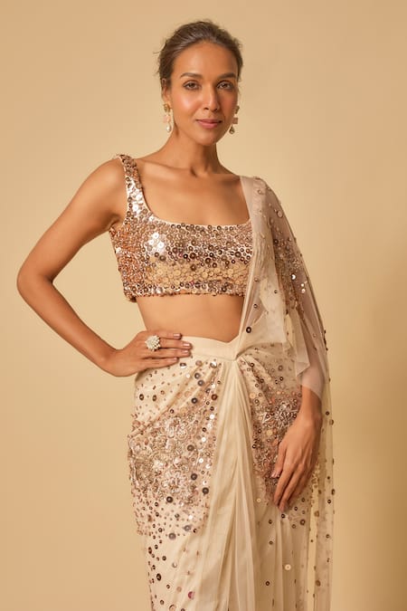 Buy Masumi Mewawalla Beige Tulle, Silk, Linen Sequins, Beads Square Neck Floral Pre-draped Saree Set Online at Aza Fashions Buy_Masumi Mewawalla_Beige Tulle, Silk, Linen Sequins, Beads Square Neck Floral Pre-draped Saree Set _Online_at_Aza_Fashions