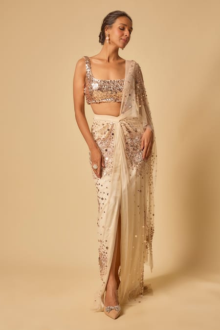 Buy Masumi Mewawalla Beige Tulle, Silk, Linen Sequins, Beads Square Neck Floral Pre-draped Saree Set Buy_Masumi Mewawalla_Beige Tulle, Silk, Linen Sequins, Beads Square Neck Floral Pre-draped Saree Set