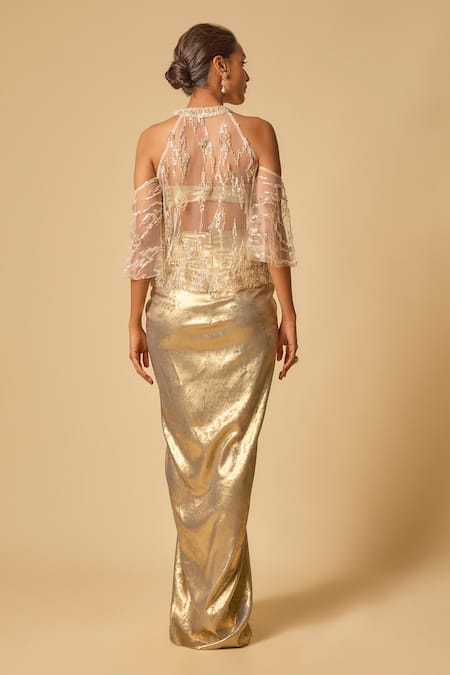 Masumi Mewawalla Gold Sequin Embroidered Cape Set