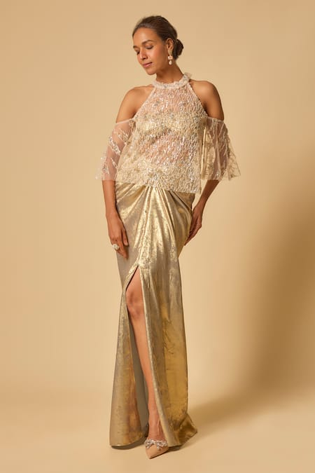 Masumi Mewawalla_Gold Tulle, Lycra Sequins, Beads High Neck Embroidered Cape Set _Online_at_Aza_Fashions