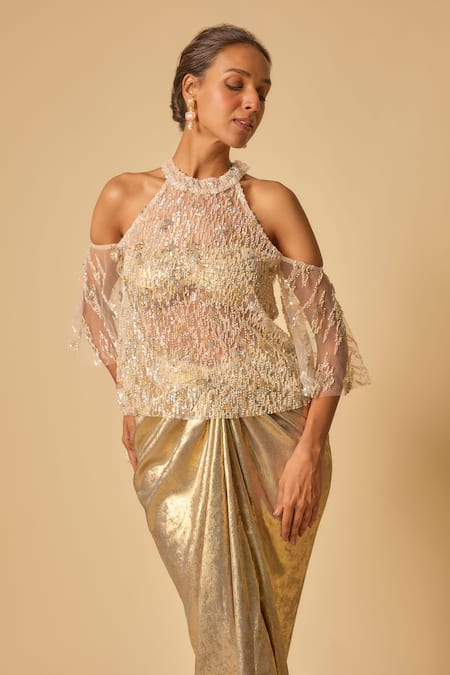 Buy_Masumi Mewawalla_Gold Tulle, Lycra Sequins, Beads High Neck Embroidered Cape Set _Online_at_Aza_Fashions