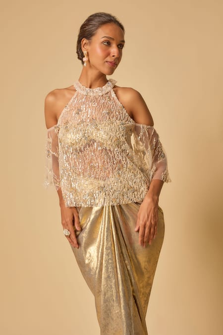 Shop_Masumi Mewawalla_Gold Tulle, Lycra Sequins, Beads High Neck Embroidered Cape Set _Online_at_Aza_Fashions