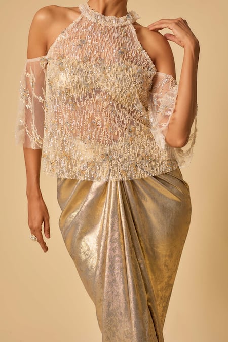 Masumi Mewawalla_Gold Tulle, Lycra Sequins, Beads High Neck Embroidered Cape Set _at_Aza_Fashions