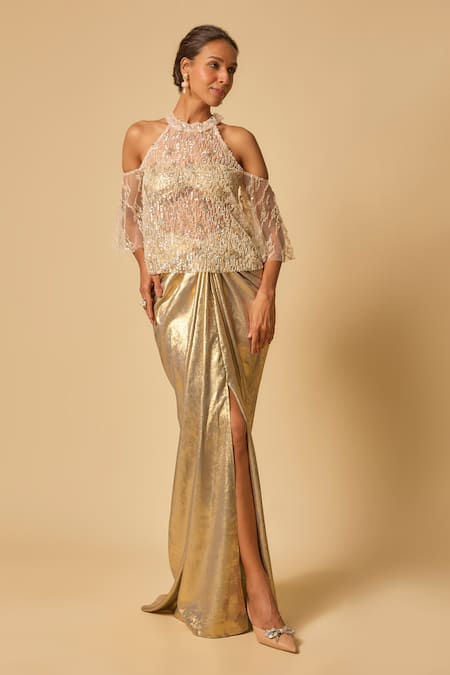 Shop_Masumi Mewawalla_Gold Tulle, Lycra Sequins, Beads High Neck Embroidered Cape Set 