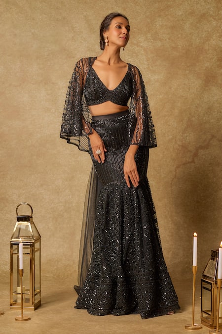 Masumi Mewawalla_Black Tulle, Silk Sequins, Beads Sweetheart Neck Embroidered Mermaid Skirt Set _Online_at_Aza_Fashions