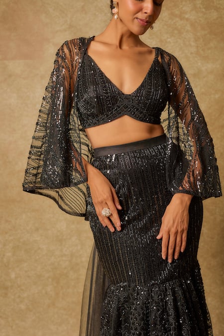 Shop_Masumi Mewawalla_Black Tulle, Silk Sequins, Beads Sweetheart Neck Embroidered Mermaid Skirt Set _Online_at_Aza_Fashions