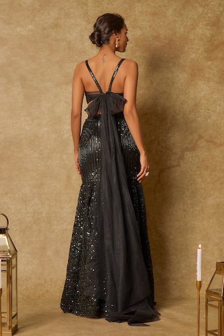 Masumi Mewawalla_Black Tulle, Silk Sequins, Beads Sweetheart Neck Embroidered Mermaid Skirt Set _at_Aza_Fashions