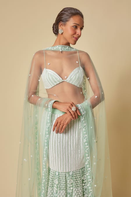 Masumi Mewawalla_Green Tulle, Silk Sequins, Beads, Embroidery Sweetheart Mint Mermaid Skirt Set _Online_at_Aza_Fashions